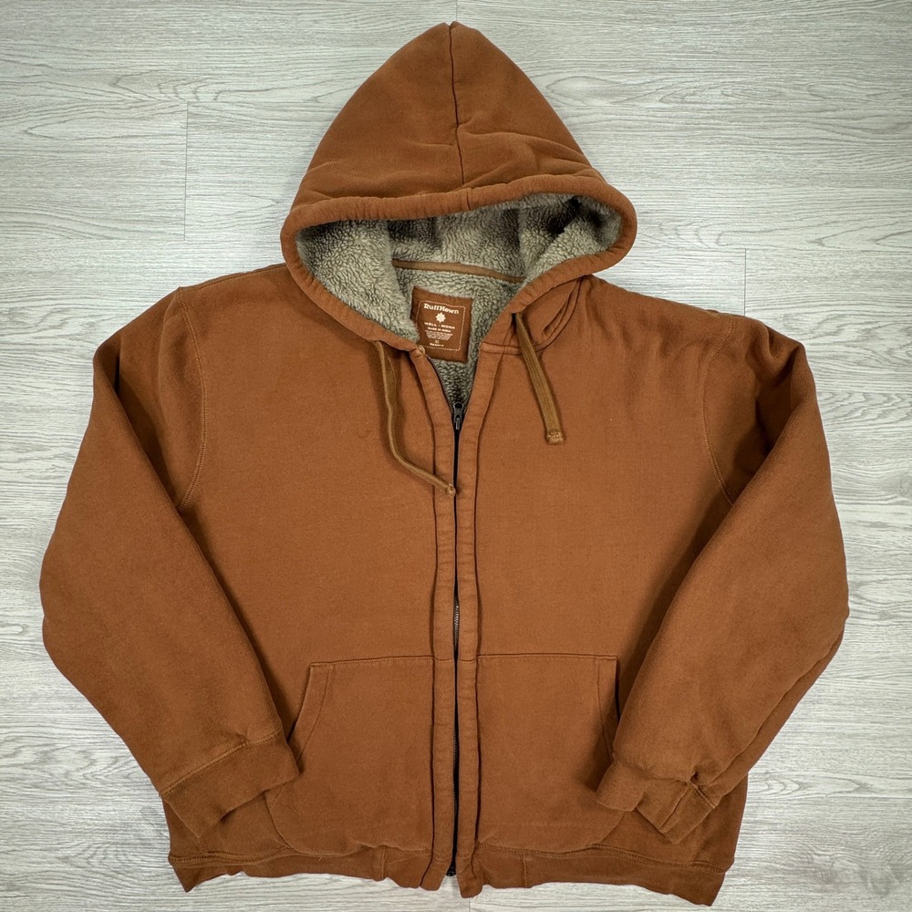 RuffHewn Men's Full Zip Hoodie Brown XL Sherpa Lined Heavyweight Pocket